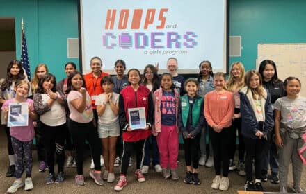 Nineteen Orange County Girl Scouts ages 9 to 12 were introduced to the fundamentals of computer science and basketball at a Hoops & Coders workshop conducted by 2022 Dragon Kim Foundation Fellows Gabrielle DeCuir and Shrika Andhe, both juniors at Placentia’s Valencia High School. (Photo by Gabrielle DeCuir)