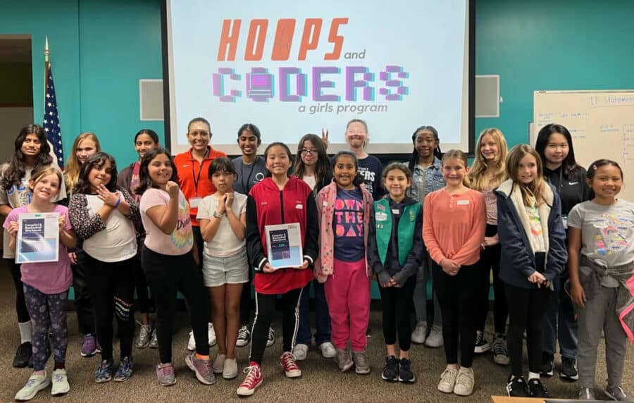 Nineteen Orange County Girl Scouts ages 9 to 12 were introduced to the fundamentals of computer science and basketball at a Hoops & Coders workshop conducted by 2022 Dragon Kim Foundation Fellows Gabrielle DeCuir and Shrika Andhe, both juniors at Placentia’s Valencia High School. (Photo by Gabrielle DeCuir)